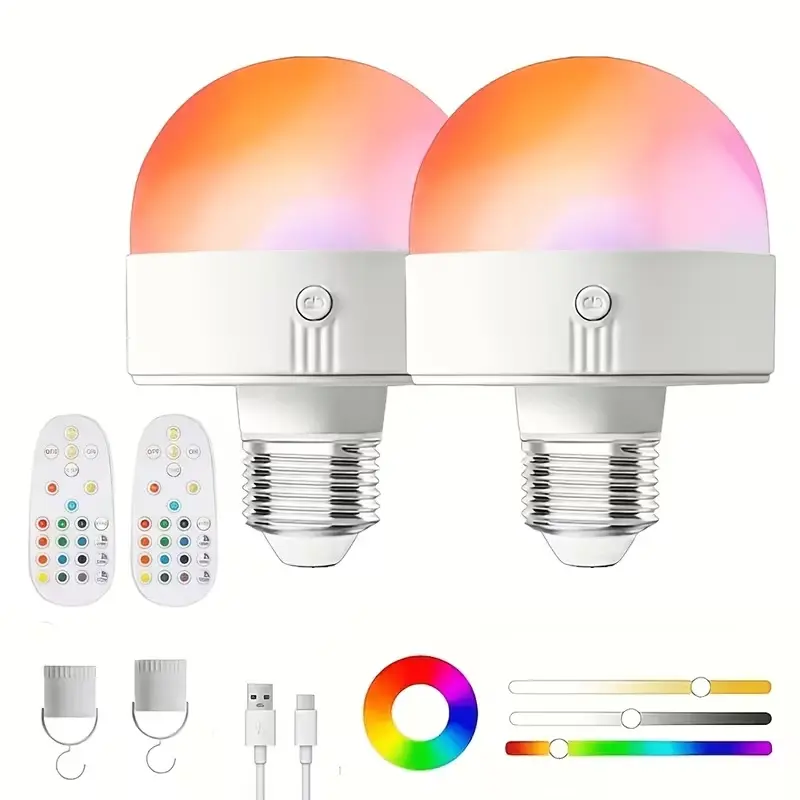 2Pcs USB Rechargeable Color Changing LED Mood Bulbs, Adjustable Brightness E26 Base with Magnetic Mount & Wireless Controller, Remote & Rechargeable Magnetic Bar Light Bulbs for Bedroom Home Improvement Lighting, Adjustable Brightness Light Bulbs, Customi