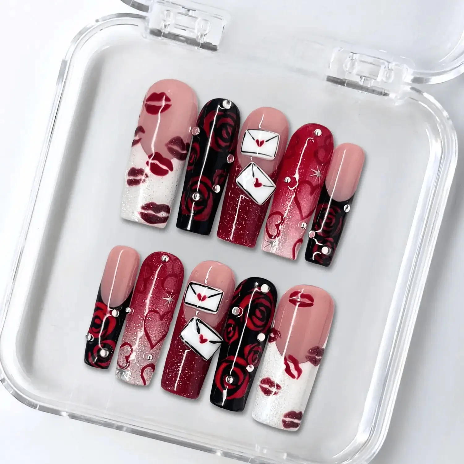 10Pcs Handmade Long Square Press On Nails, Y2K Valentine Red Black Rose Fake Nails, Lip Print, Love Letter 3D Charms & Rhinestone Accent Glossy Reusable Acrylic Nails For Women Girls filigree