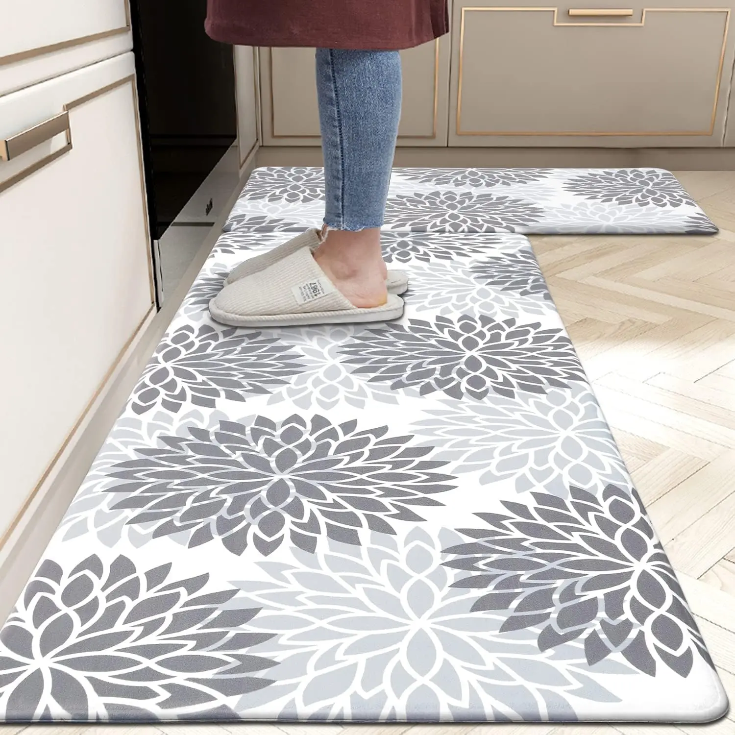 Anti Fatigue Kitchen Rugs Set of 2, Cushioned Kitchen Mats for Floor | Non Slip Washable Kitchen Runner Rug Set, Floral Stain Resistant Waterproof Comfort Mat Carpet for Sink, Standing Desk