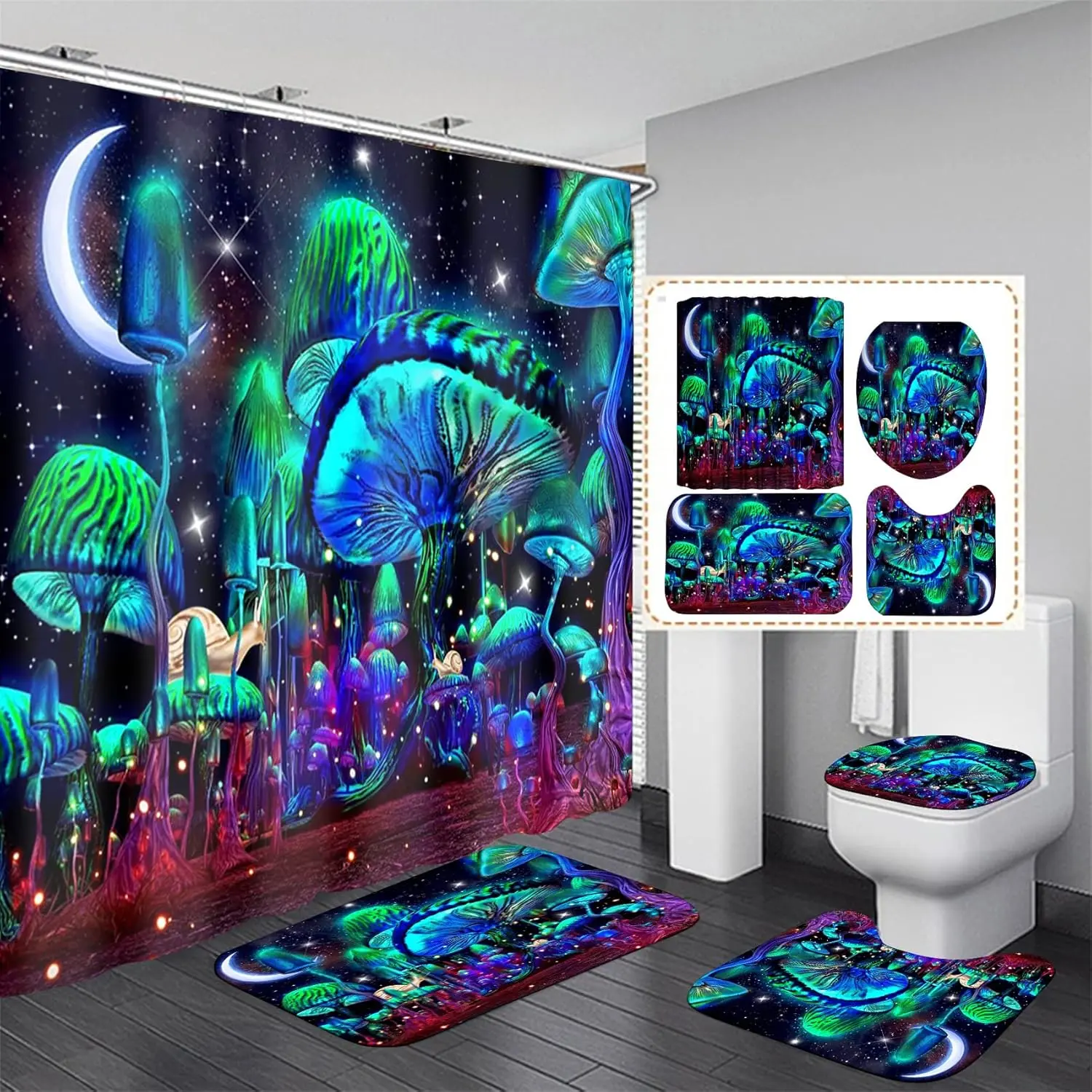 Pet-Friendly 4PCS Polyester Bathroom Shower Curtain Set - Washable, Comfortable, Relaxing, HD Print, Machine Washable, with Iron Fabric Rugs, Toilet Lid Cover, Bath Mat, Colorful Moon-and-Stars Print, 12 Hooks, Durable Bathroom Decor