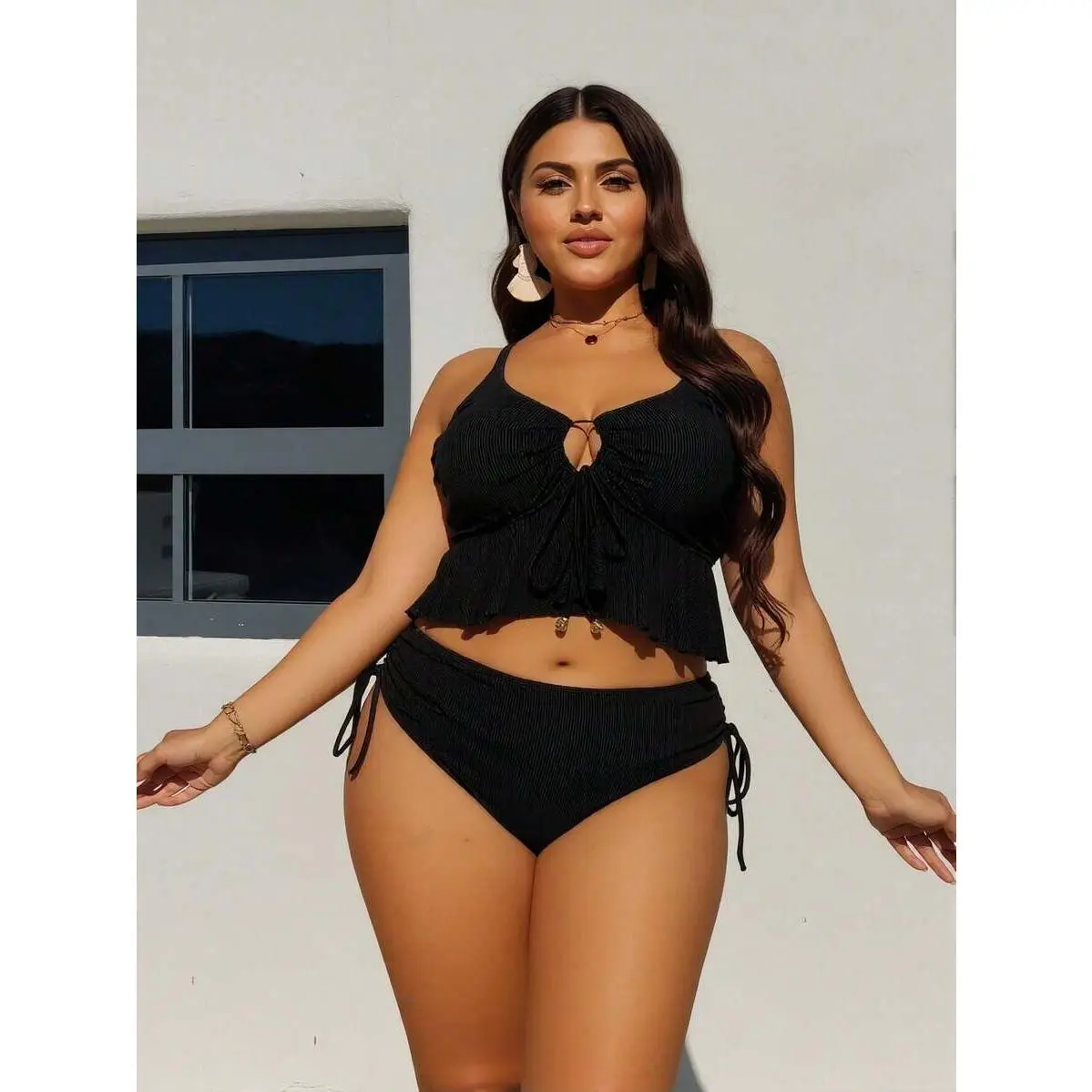Plus Size Black Ribbed Cutout Ruffle Hem Bikini Set