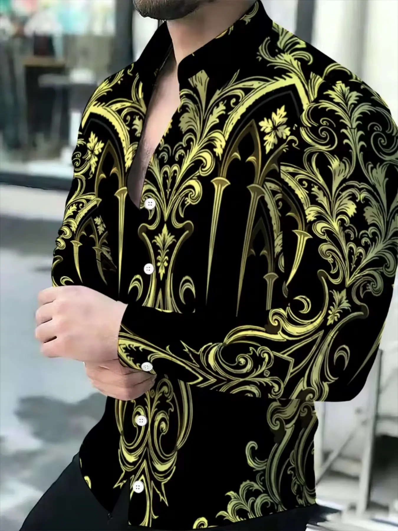 Men's Lapel Long Sleeve Button Up Shirt, Sublimation Baroque Scroll Floral Print Slim Fit Casual Shirt, Vintage Ornate Curlicue Leaf Pattern Dress Shirt for Party Night Club Street Outfit, Trendy Casual Shirt