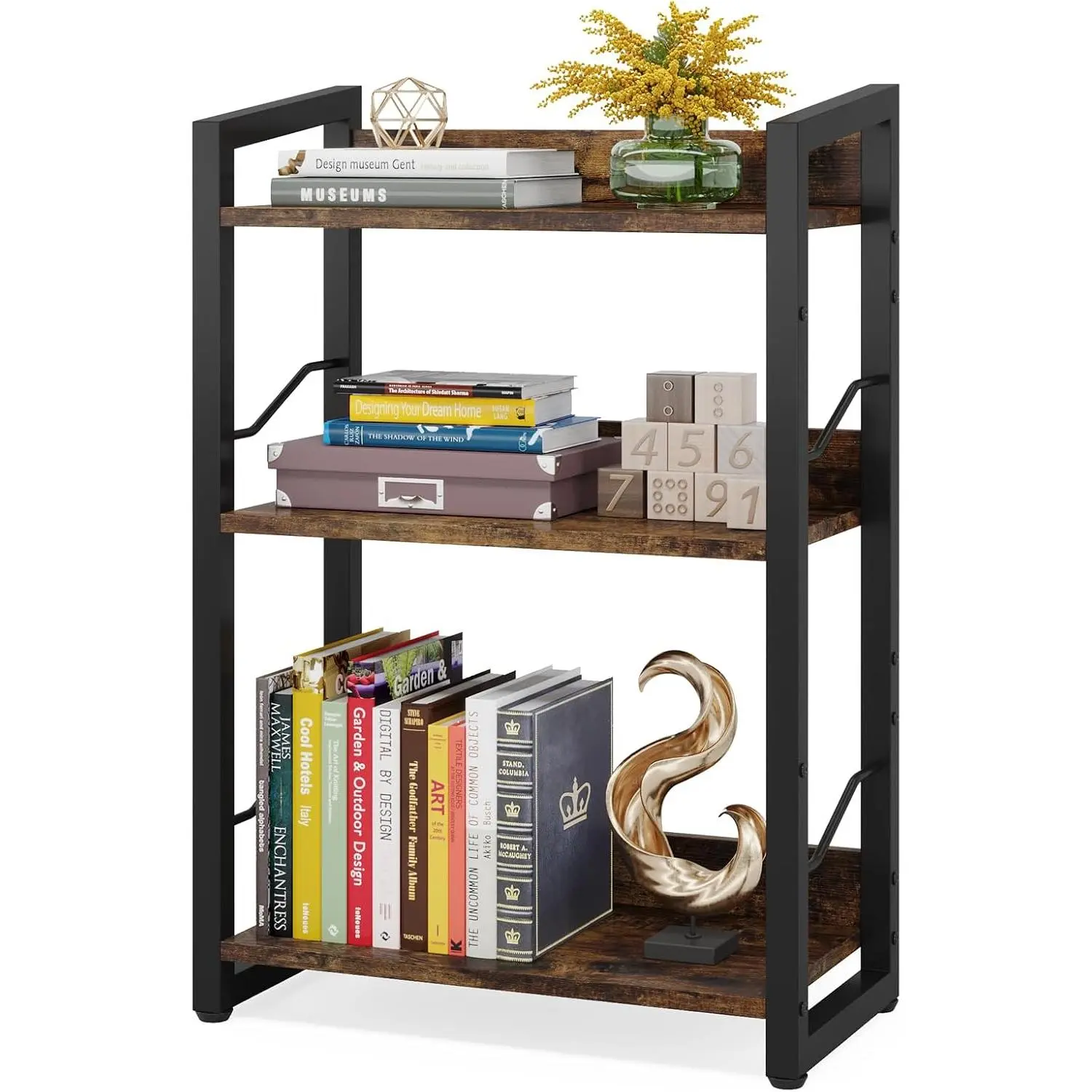 Book Shelf Small Bookshelf: 3-Tier  Bookcase Industrial Bookshelf with  Protection Metal Narrow Bookcase Storage Organizer Display Rack for Bedroom  Office (Rustic Brown)