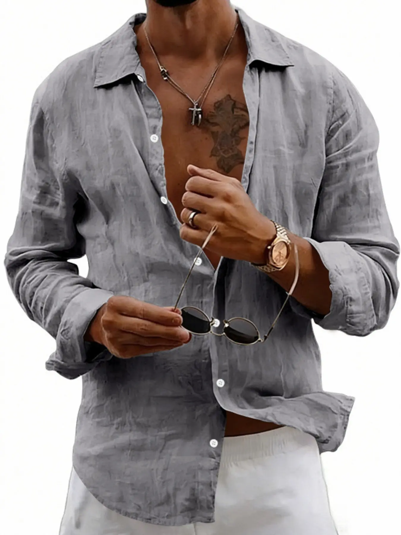 Men's linen blended collared classic button-down shirt, summer casual long-sleeved vacation top, fitted solid-color style, spring and autumn fashionable clothing, front button closure, suitable for daily and office wear