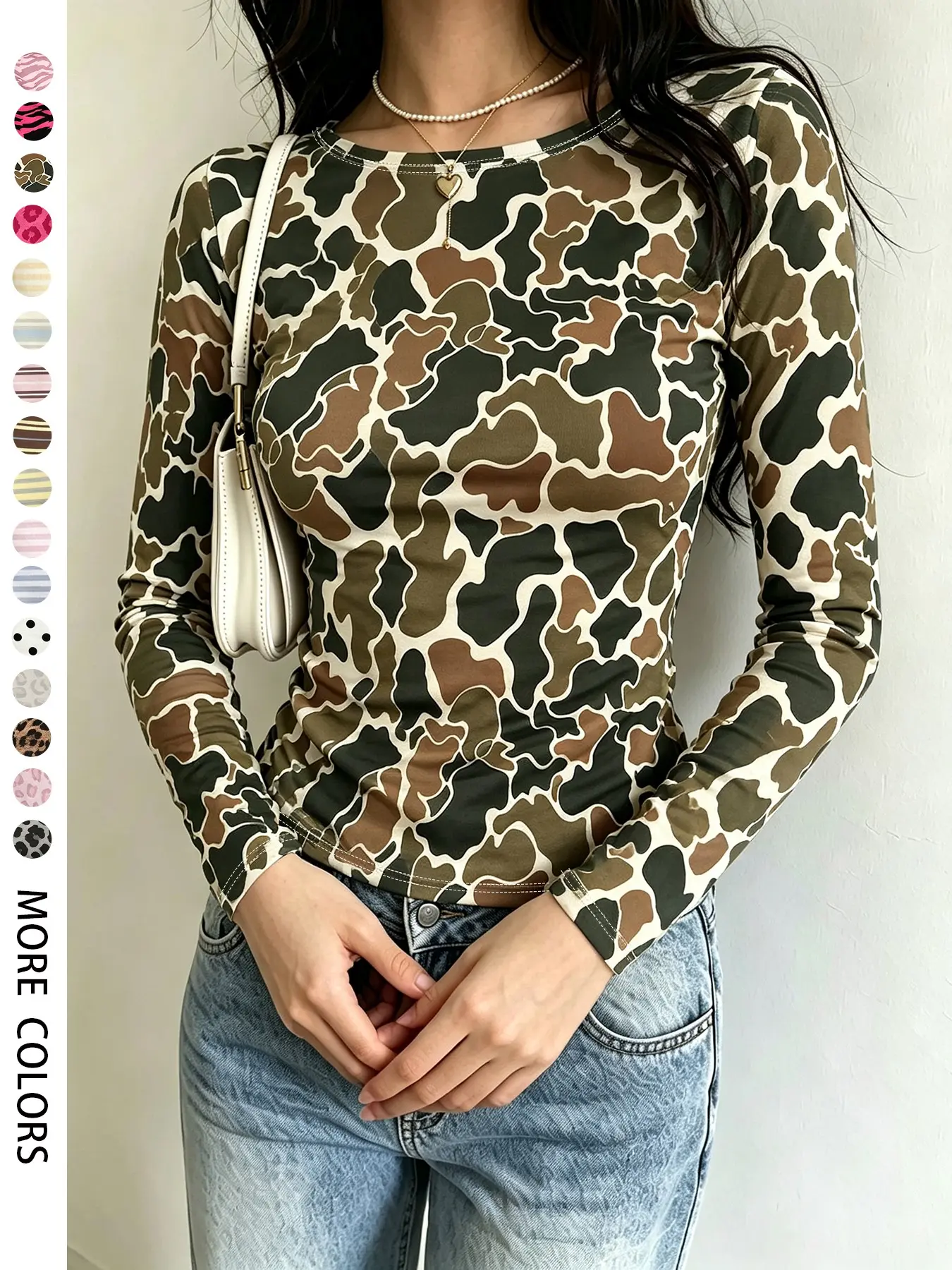 Women's Polka Dot Round Neck Long Sleeve Top, Slim Fit Casual T-Shirt for Spring & Fall, Daily Wear and Home Apparel