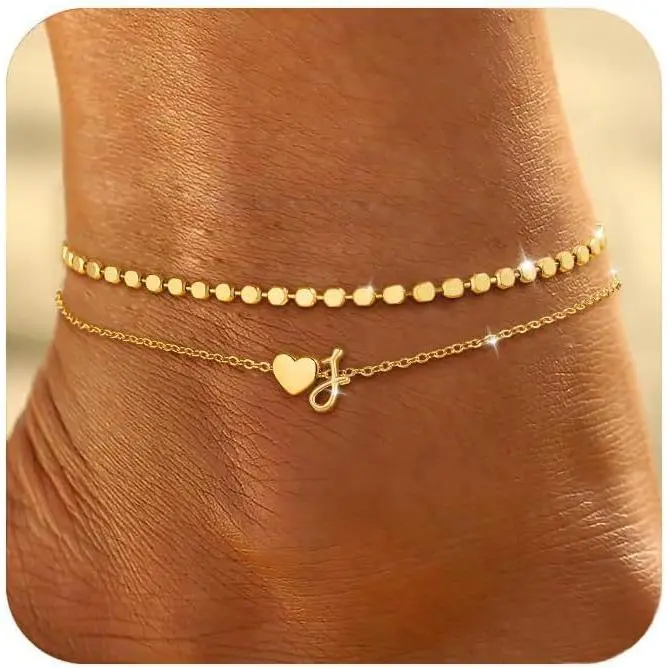 14K Gold Plated Initial Ankle Bracelets for Women Waterproof Layered Anklets Non Tarnish Dainty Heart Letter A-Z Foot Chain Handmade Adjustable Summer Beach Gold Anklet Jewelry