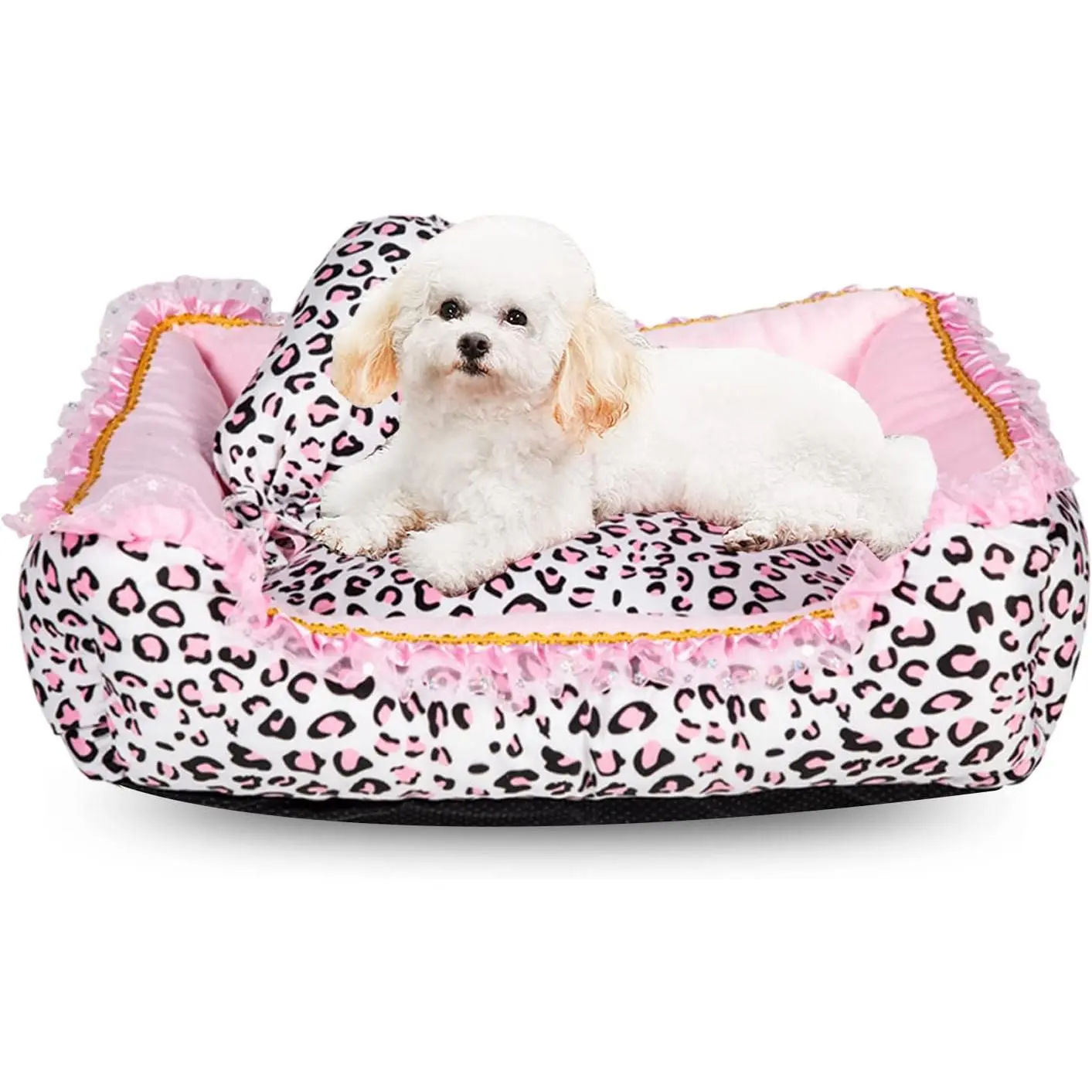Dog Bed for Small Dogs - Cute Pink Leopard Dog Bed, Cat Beds for Indoor Cats Washable - Square Shape Cat Dog Sofa Bed Pet House Nest Cave (M, 20.8"L x 18"W x 5.5")