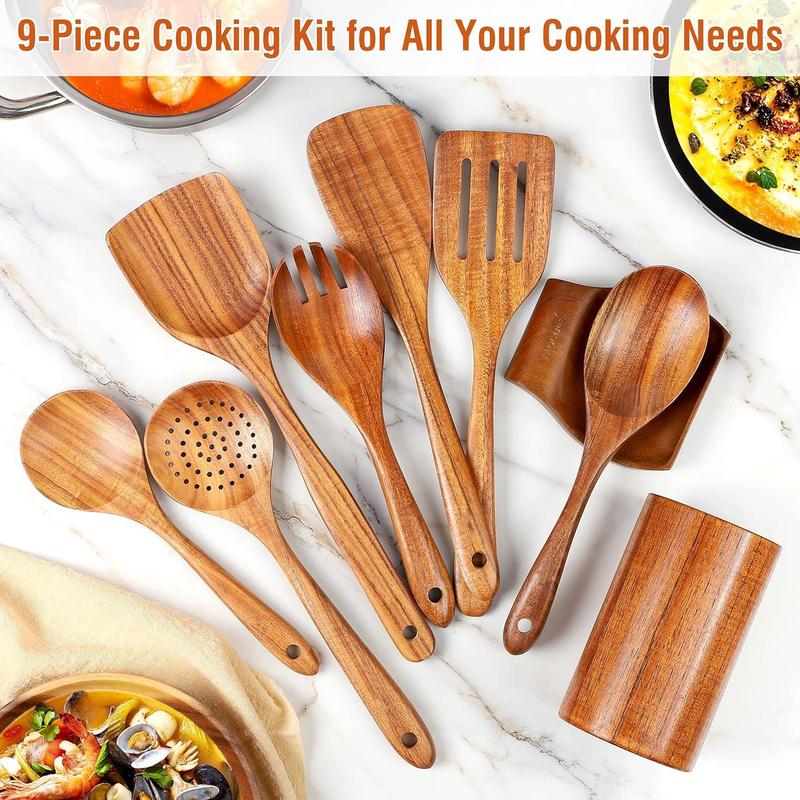 9PCS Natural Teakwood Kitchen Utensil Set With Spoon Rest, Soft-Grip Wooden Cooking Spoons & Tools, Non-Scratch Utensils For Non-Stick Cookware, Kitchen Cooking Accessories