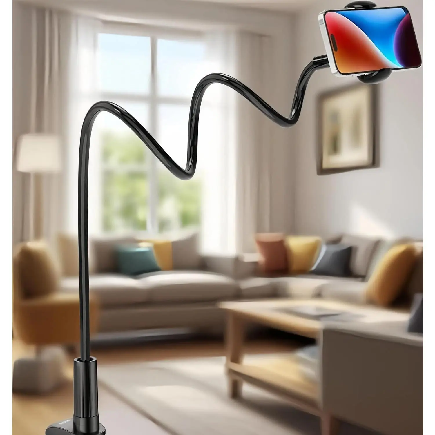 Gooseneck Phone Holder for Bed,Clip On Phone Holder for Desk,360 Degree Rotation Flexible Long Arm Cellphone Stand,Universal Lazy Bracket, Tablet Stand Hold-er Suitble All Cellphone(Black)