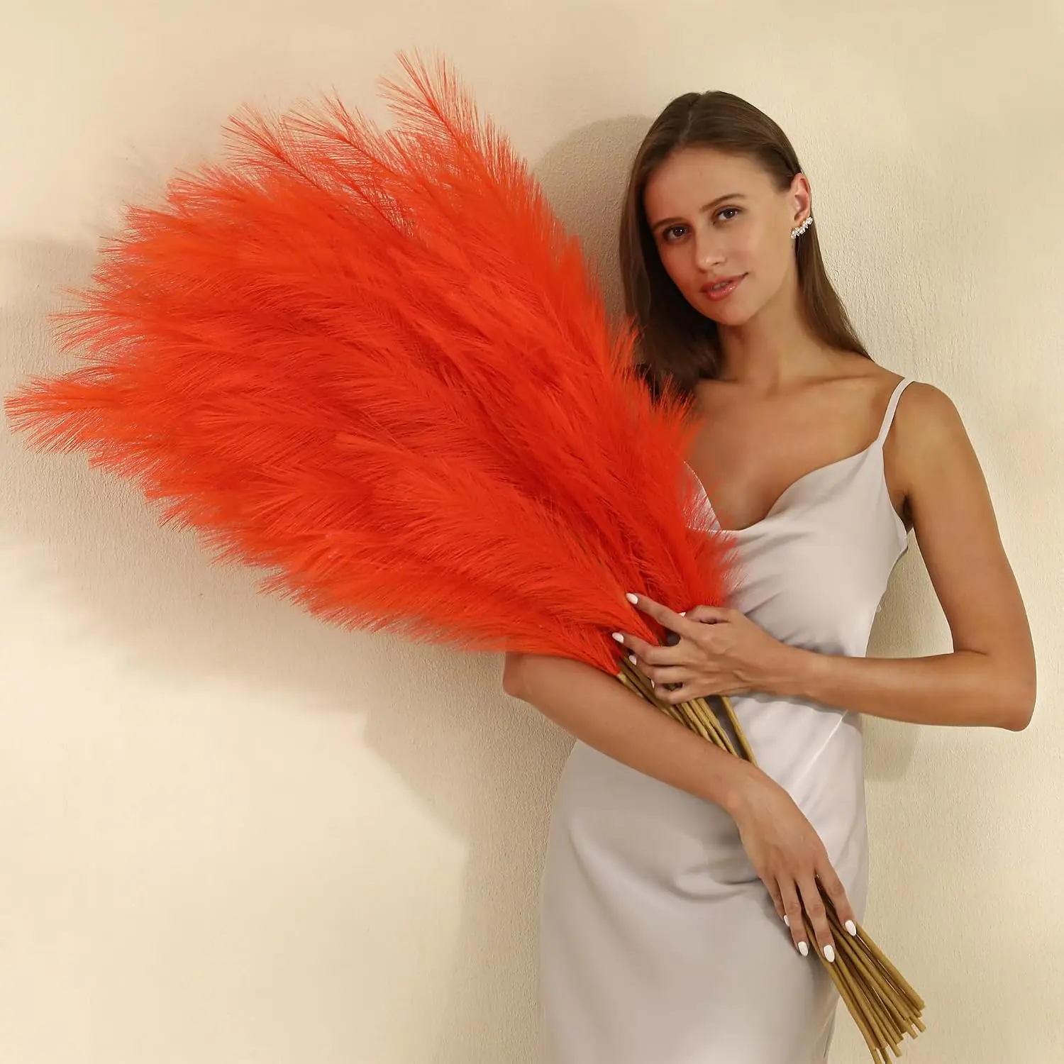 Orange Pampas Grass Decor- 45-Inch Set of 8 | Tall Faux Pampas Grass Soft and  | Large Artificial Pompas Floral |  for Living Room, Office and Wedding Party Centerpieces