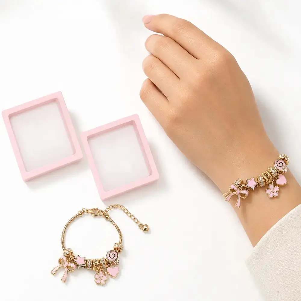 2 Pcs Pink & Gold Charm Bracelet Set for Women Girls,Cute Bow Heart Cherry Blossom Beaded Bracelets with Floating Display Box,Birthday Halloween Christmas Valentine Mother's Day Gift for Her