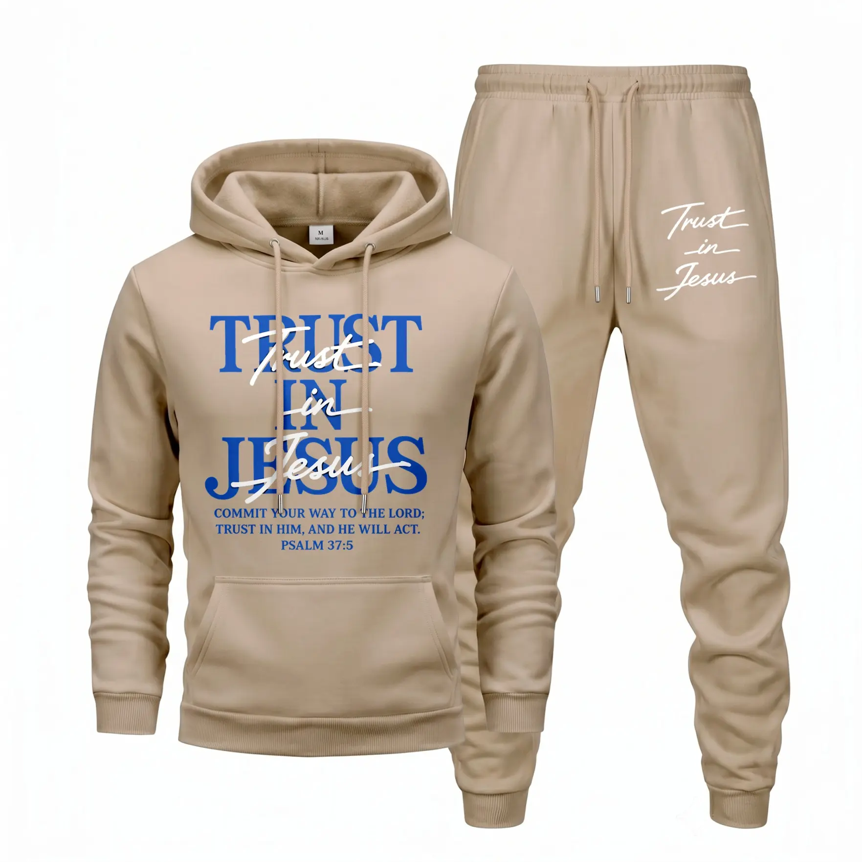 Men's Christian Hoodie Set, Faith Inspired Graphic Pullover Sweatshirt with Matching Jogger Pants, Religious Streetwear Two Piece Outfit, Comfortable Fleece Tracksuit for Men, Casual Everyday Wear and Gift Idea