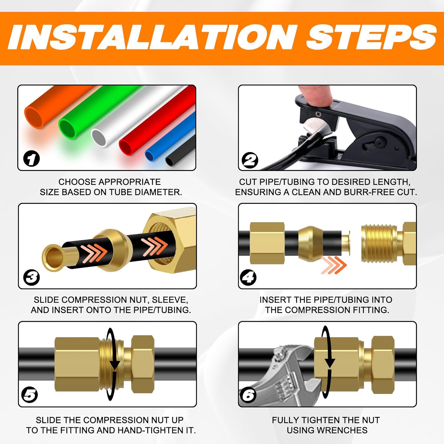 180 count Compression Fittings Assortment kit - 3 sizes (1/4", 3/8", 1/2") of Brass Compression Sleeve Ferrule, Insert and Nuts, to Connect Lines for Air,Water,,Oil and Inert