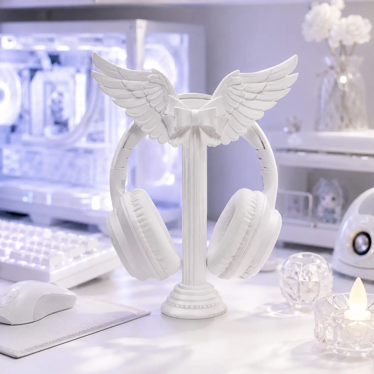 Angel Wings Headphone Stand, White Roman Column Headset Holder, French Aesthetic Desk Decor, Cute Winged Earphone Display Rack, Gaming Bedroom Desktop Organizer, Elegant Gift for Girls Women