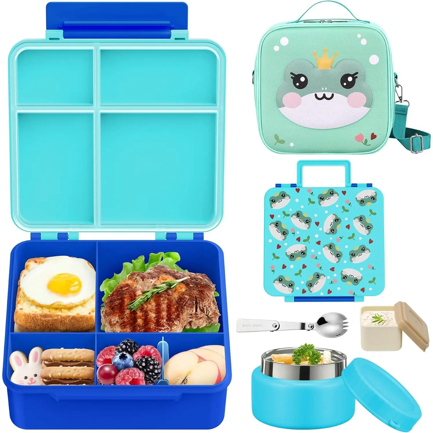 Bento Box - 4 Compartment, Leak-Proof, with Soup Thermo | 9oz Soup Thermo Included, Insulated Lunch Bag, For Boys & Girls, School & Travel