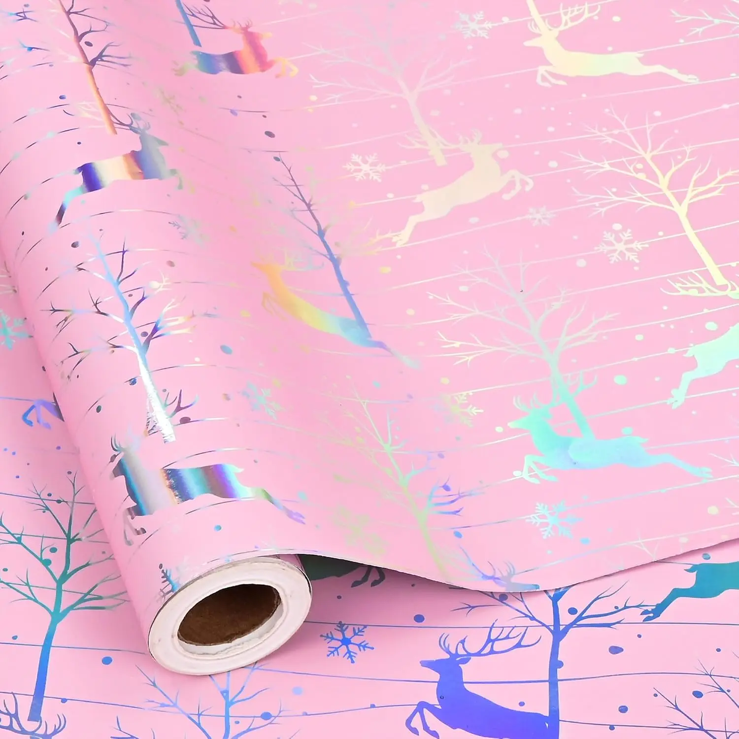 Christmas Wrapping Paper Roll -  Reindeer Holographic  Wrap Luxury Metallic Foil Design for  Winter Holiday  - 17in X 16.5ft