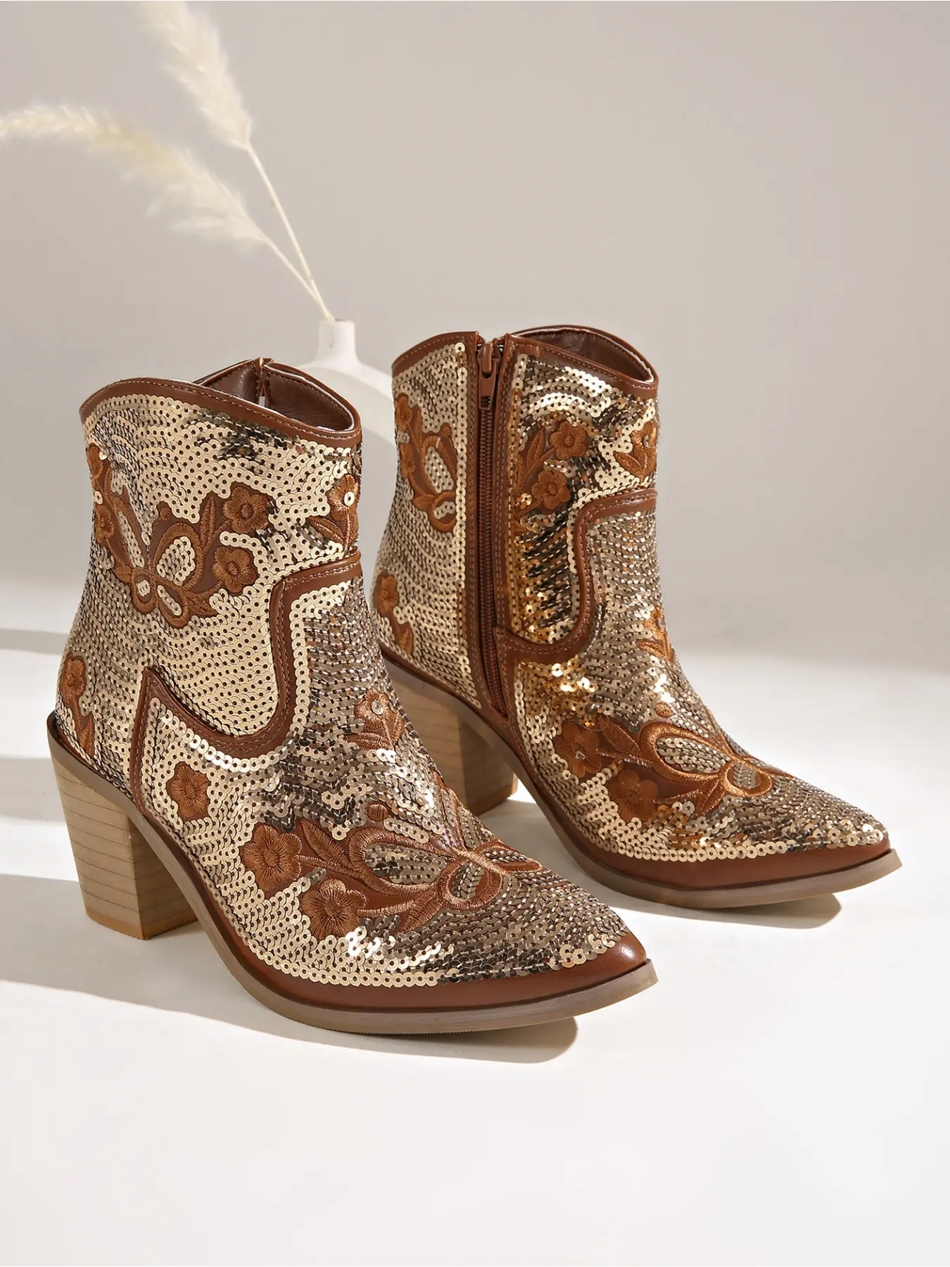 Ladies Sparkly Sequin Cowgirl Boots Vintage Floral Embroidery Side Zipper Chunky Heel Western Booties