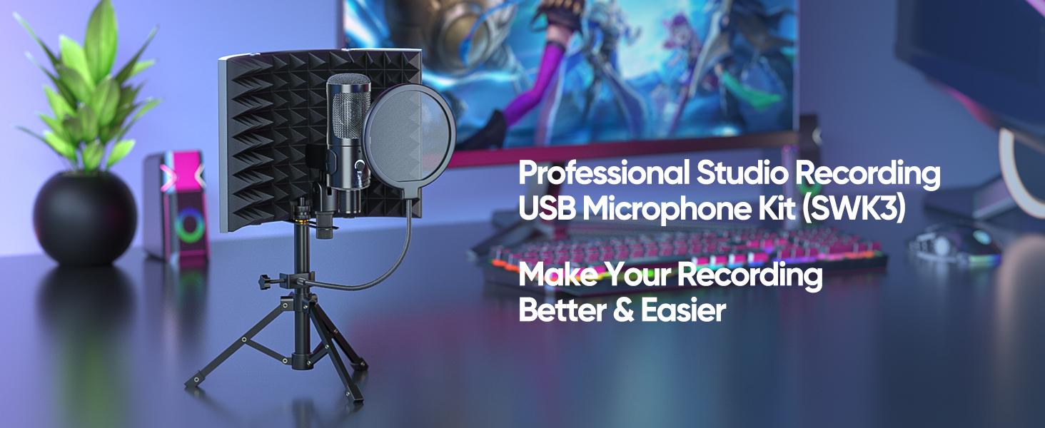 Studio Recording Microphone Isolation Shield with Pop Filter and Metal Tripod Stand, Studio Mic to PC Laptop Smartphone, Music Microphone for Recording Singing Podcasting