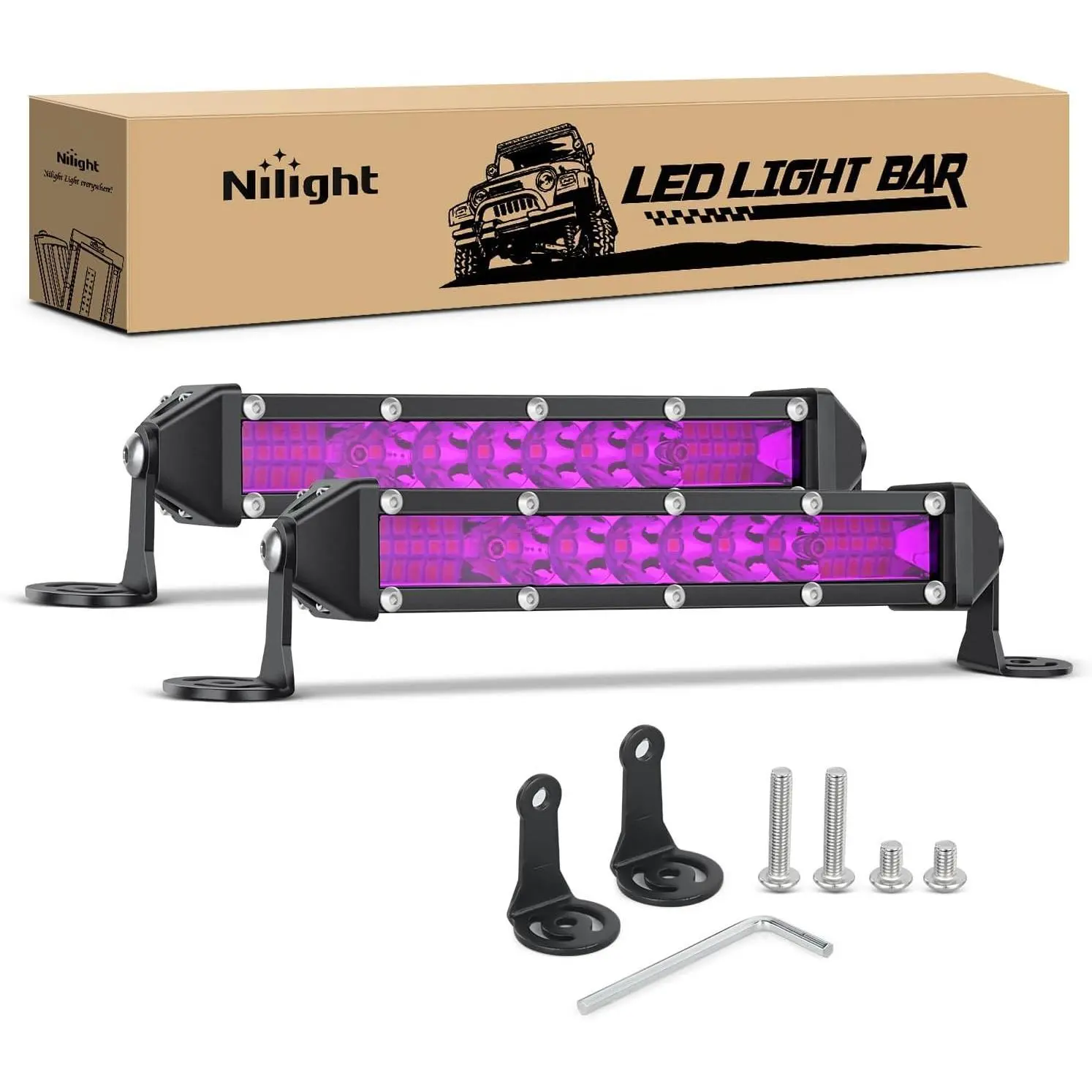 Nilight Slim Aluminum 48W LED Light Bar, 2Pcs 7In 16LED Single Row Spot-Flood Combo Purple Off-Road Light with Bracket Mount & Built-In Fast Cooling Radiator for 12V-24V ATV, Dirt Bike, Pickup Truck
