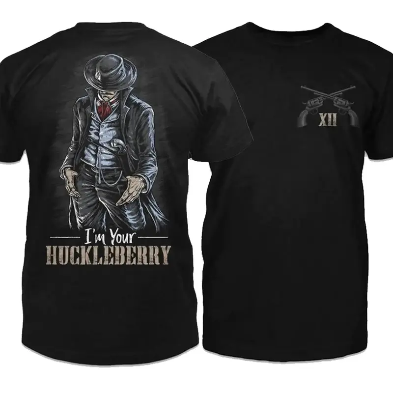Doc Holliday Collection Cotton Round Neck Short-Sleeve Casual Apparel, "I'm Your Huckleberry" Val Kilmer Tombstone Movie Quote Cowboy T-Shirt, Full Size, Full Color (For Tombstone Fans), Shortsleeve, Top