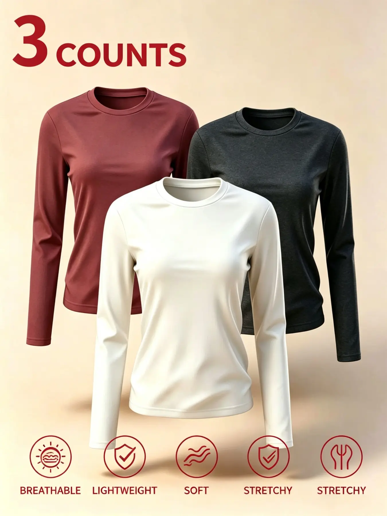 Women's Sporty Warm Underwear Set, 3-Piece Fitted Long Sleeve Round Neck Tops, Comfortable All-Season Base Layer Tees