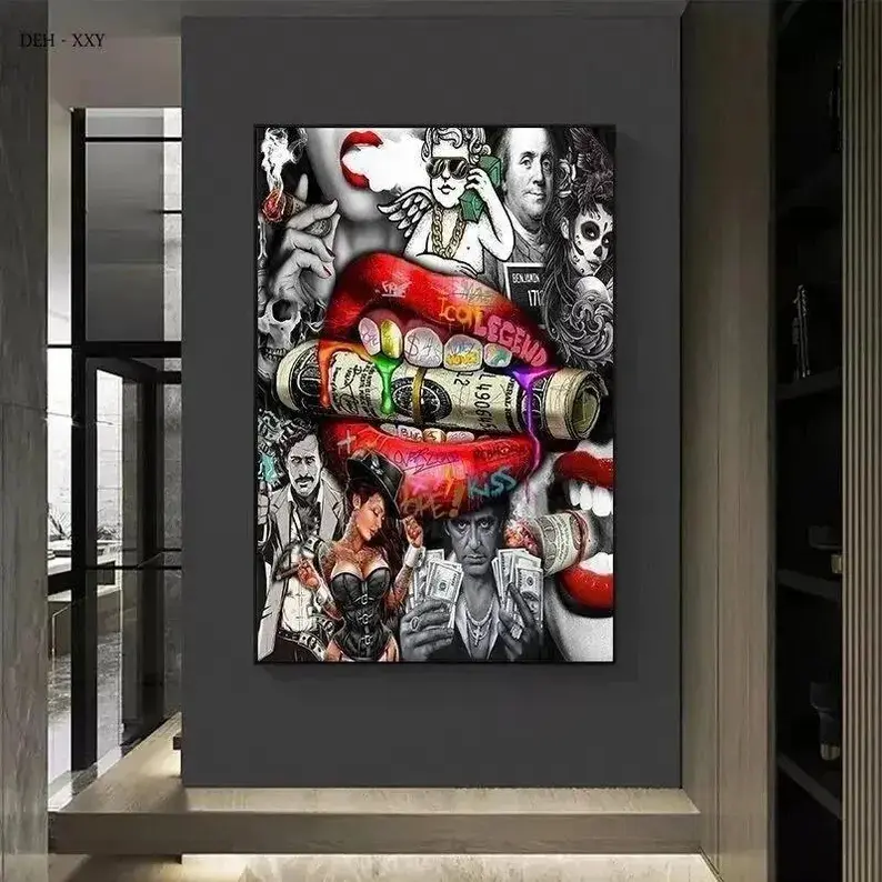 Famous Character Movie Star Pop Art Picture Red Lips Mouth Money Scarface Graffiti Canvas Posters Prints Street Fashion Wall Art