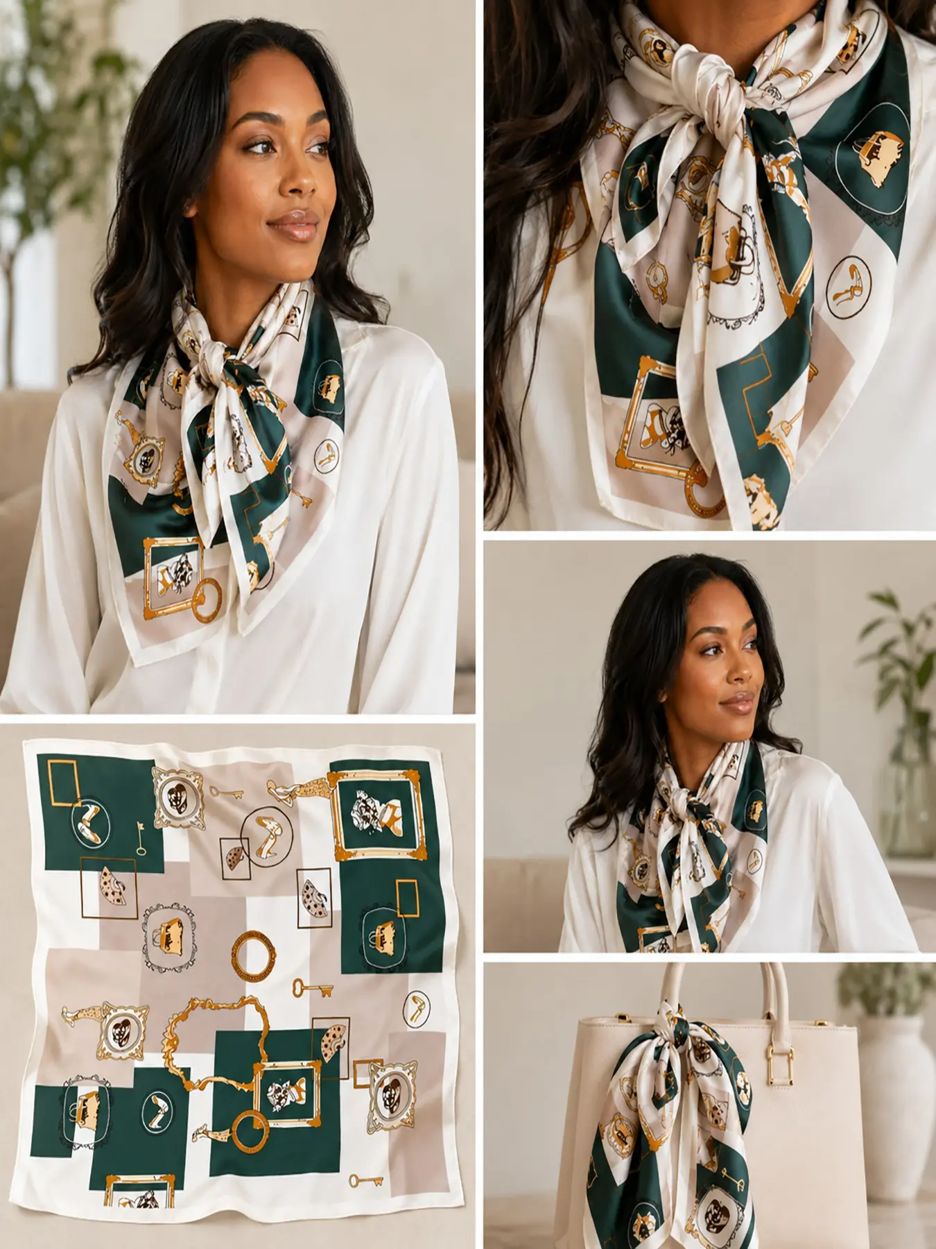 Women Vintage Geometric Frame & Key Print Square Scarf, Elegant Neck Kerchief, Fashion Hair Bandana & Bag Handle Tie