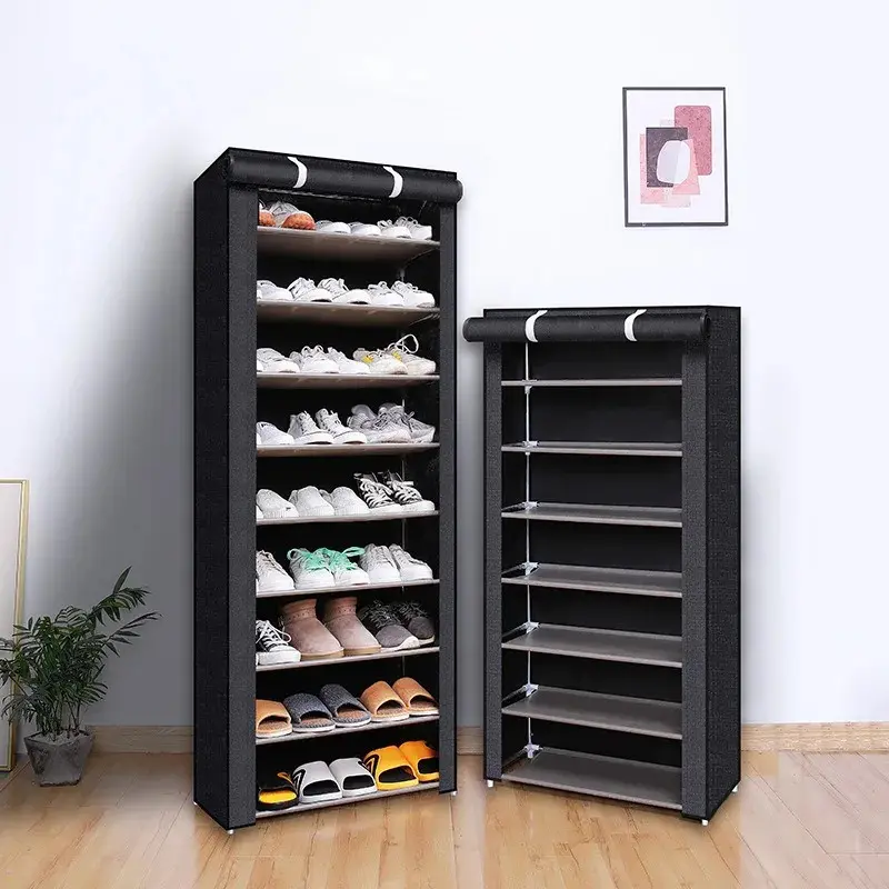 SITAKEYFMHK 9-Layer Plastic Decor Shelf - Lightweight Minimalist 9-Cube Display, Portable Non-Woven Cover, Large Capacity Entrance Organizer for Sports Shoes, High Heels, Flats, Boots (Black)
