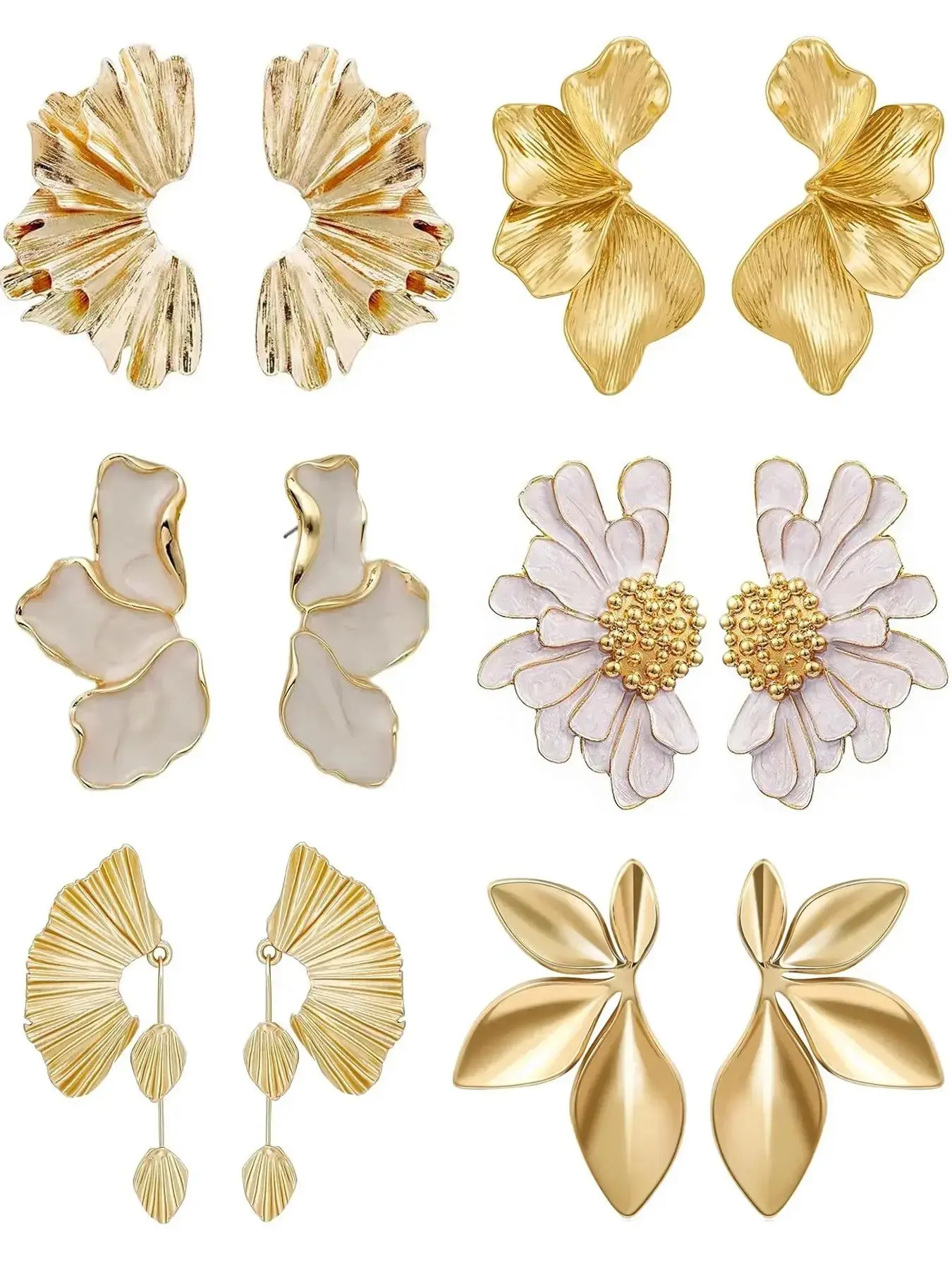6 Pairs Chunky Statement Earrings for Women, Gold Plated Sectored Flower Leaf Shell Angel Wing, Large Stud Hypoallergenic Earrings, Earring Set