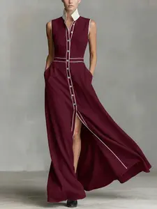 A-Line High-Waisted Button Front Dress, Chic Colorblock Pockets, Split Hem, Notched Collar, Long Sleeve, Casual Style, Women's Fashion