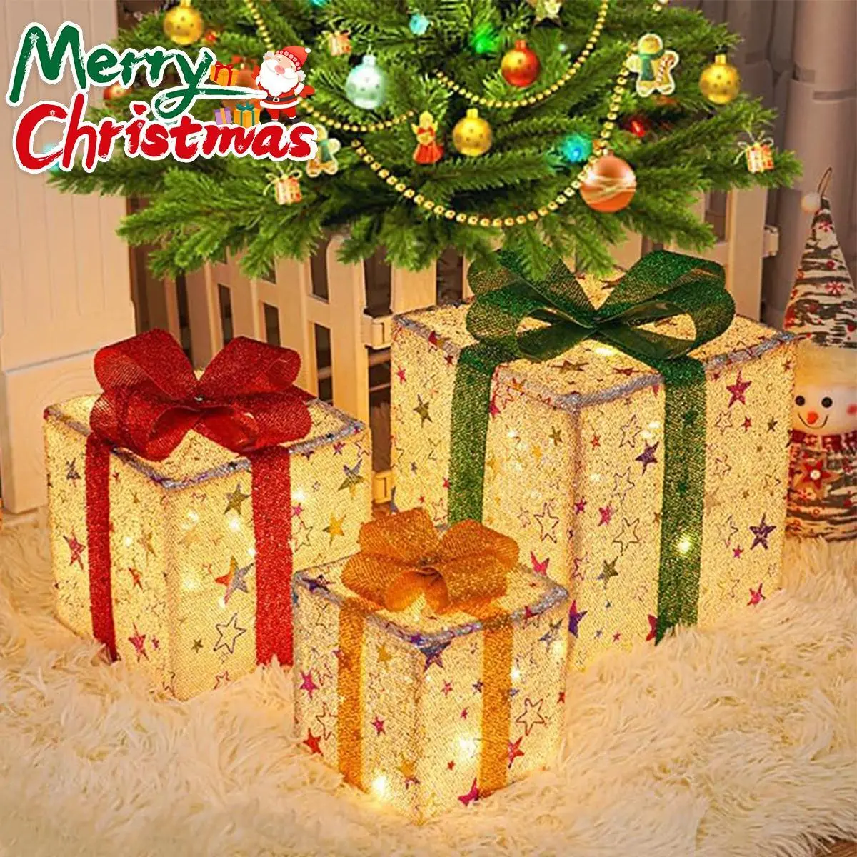 Shiny Handcrafted Snowflake Christmas Decorative Gift Boxes (3 Pcs) with 60 LED Warm White Lights, Floor-Mount Option, for Christmas Tree, Indoor-Outdoor Holiday Decor, All Ages Festive Ornaments