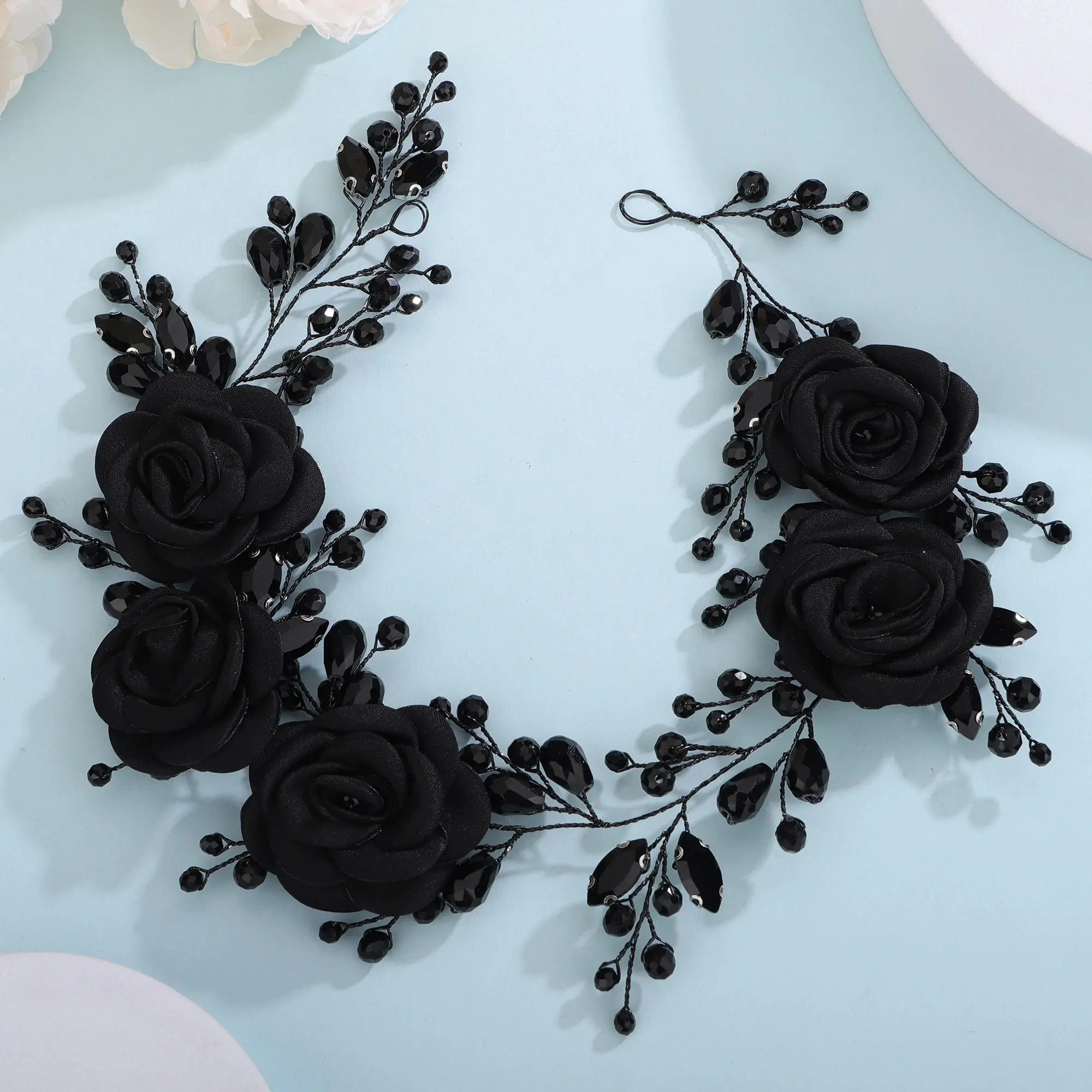 Western Bridal Floral Hair Crown Headband Tiara - High Quality, Low Price, 100% Handmade with Big Black Flowers, Rhinestone Crystals, Ideal for Wedding Ceremony, Bridal Shower Gift