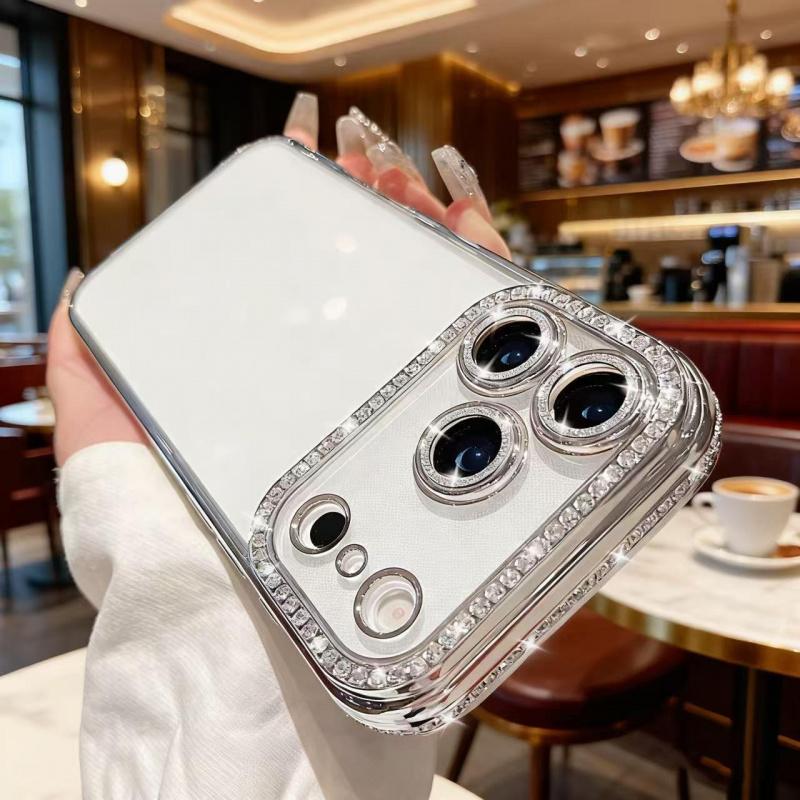 Transparent bling diamond phone case,Compatible with iPhone17Promax/16Pro/15Plus/14/13/12 series Case,Luxury Glitter Bling Sparkly Diamond Electro Plated Frame Edge Border Full Body Protective Clear Soft Shockproof Cover Phone Case