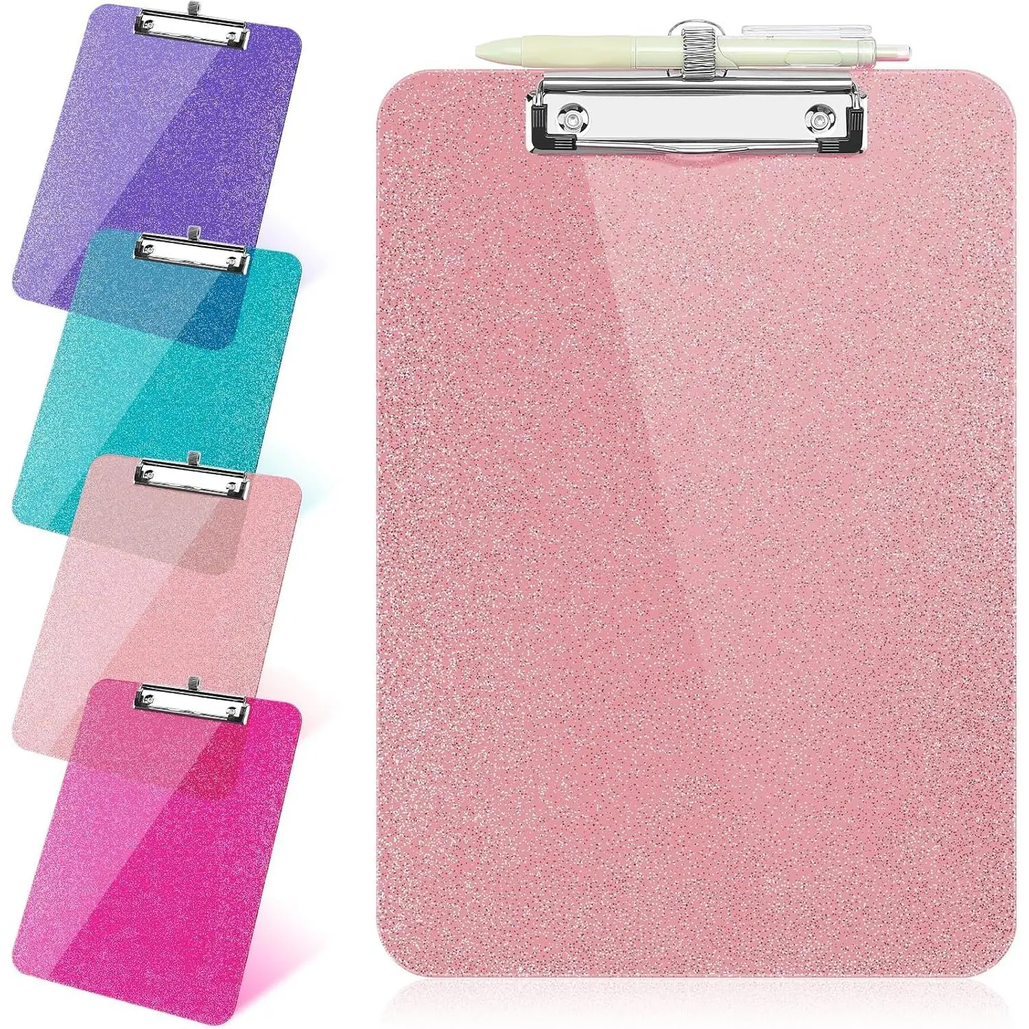 1 Pcs Clear Glitter Clipboards, Plastic Clipboard with Pen Holder, Size 8.85 x 12.4 in Shiny Clipboards with Low Profile Clip, Cute Hanging Clipboard for Office School Sparkly Clip Board-Pink