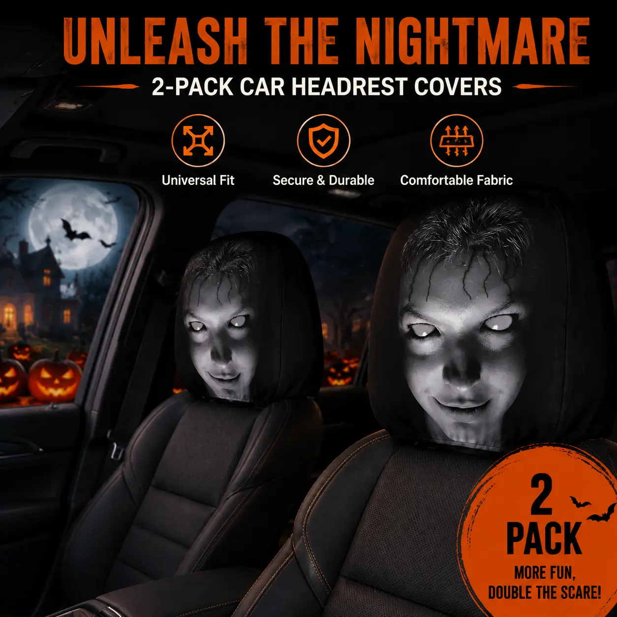 High Elastic 3D Ghost Bride Vivid Print Funny Horror Car Headrest Covers - Polyester Fits SUV/Truck Front Seat Pillow Protectors, Vehicle Accessories, Halloween Gag Gift for Drivers, Road Trips Essential-YY2