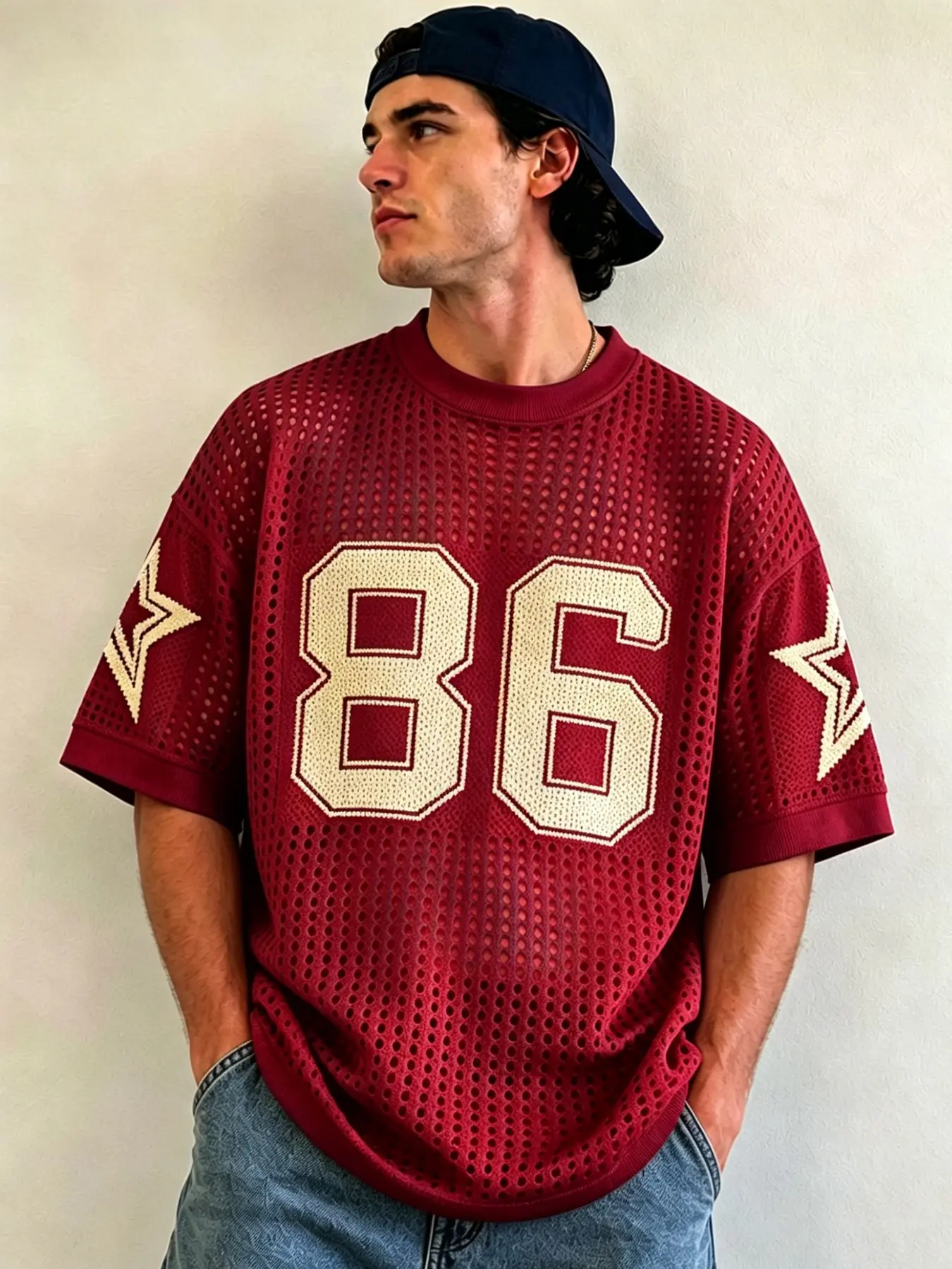 Breathable Mesh Short Sleeve Knit - Men's 86 Star Detail Loose Fit Top for Summer & Daily Wear,hockey jerseys, baseball jerseys, rugby jerseys