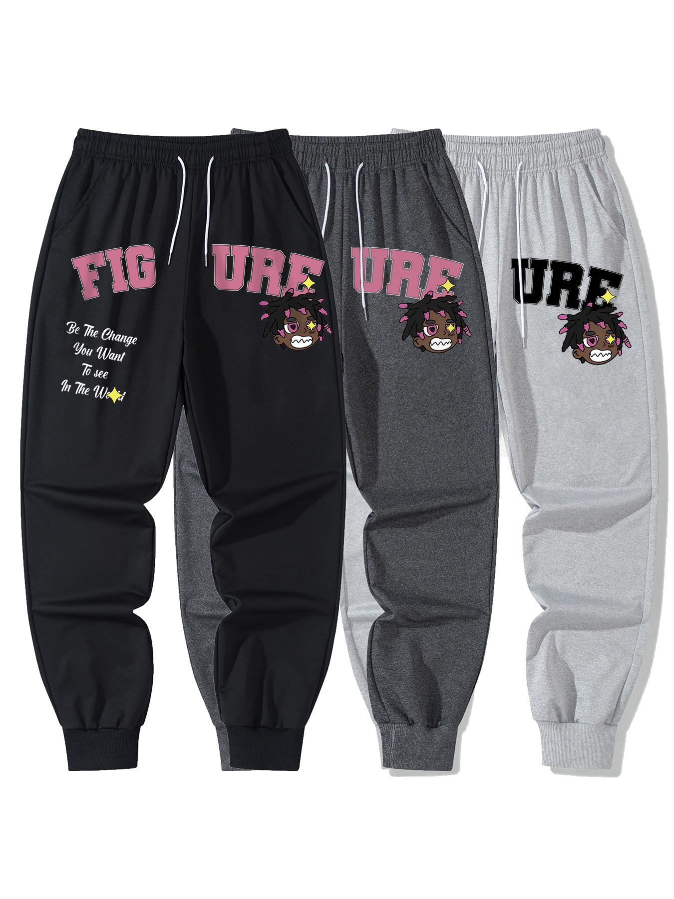 Men's Relaxed Fit Ribbed Hem Joggers - Casual Comfy, Streetwear, Stylish Soft Joggers with Distinctive FIGURE Doodle Print and Inspirational Slogan "Be The Change You Want To See In The World" for Thoughtful Wardrobe Addition, Casual Comfy Joggers