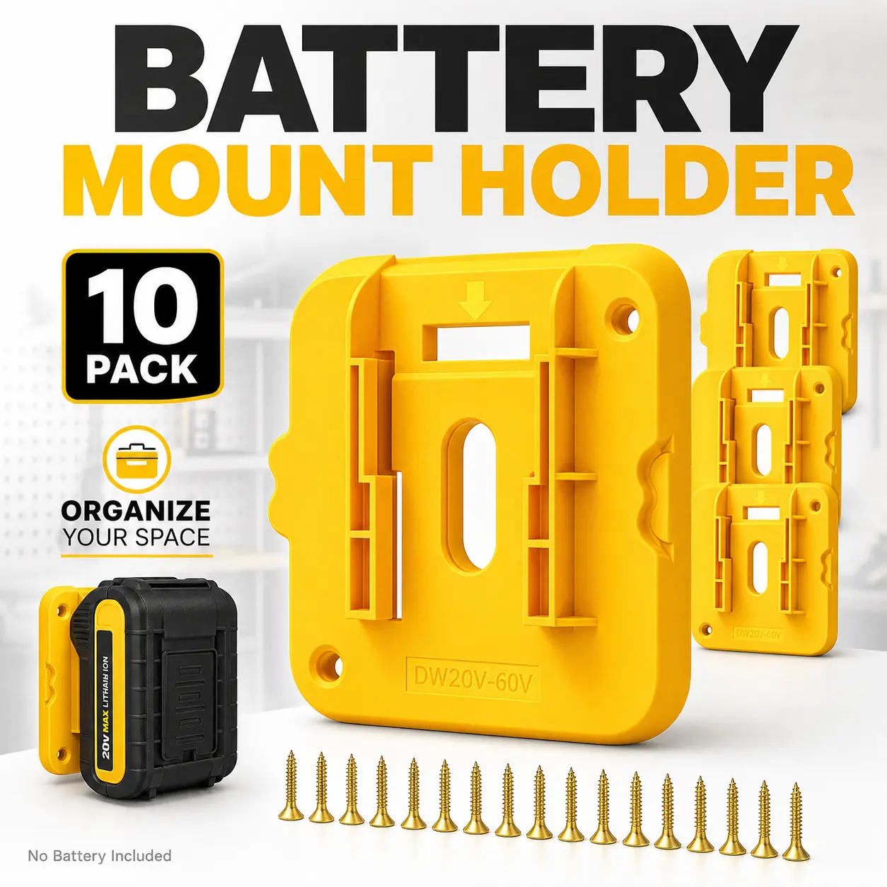 20V Max Battery Mount Holders, Wall-Mounted 10-Pack with 20 Screws for Garage, Workshop and Work Truck Storage Organization, No Batteries Included