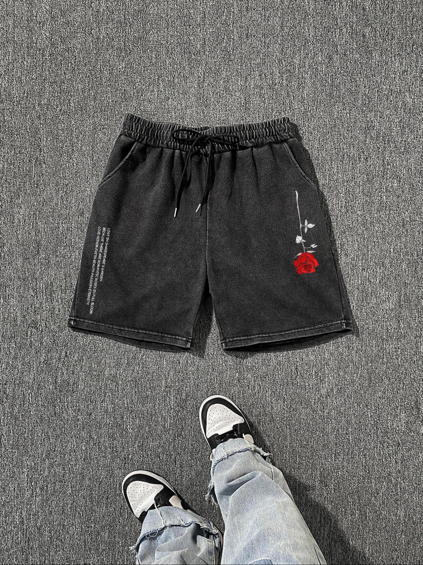 Men's Rose Print Drawstring Waist Shorts, Regular Fit Casual Fashion Comfy Shorts for Summer, Men's Bottoms for Daily Wear, Cotton, Floral Graphic Shorts