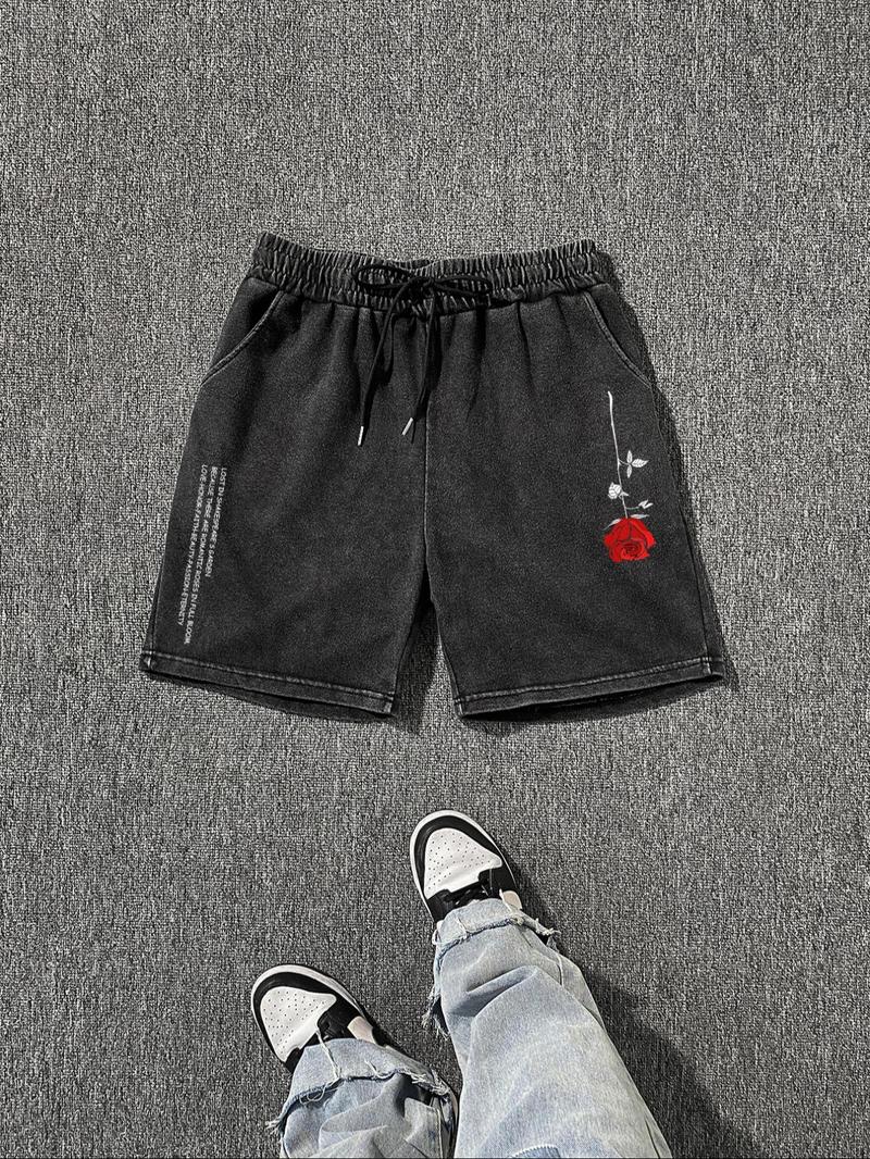 Men's Rose Print Drawstring Waist Shorts, Regular Fit Casual Fashion Comfy Shorts for Summer, Men's Bottoms for Daily Wear, Cotton, Floral Graphic Shorts