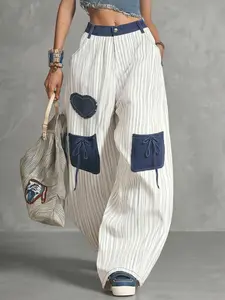 High-Waisted Loose Fit Pants, Colorblock Pocket Patchwork Striped Tie Waist Long Pants, Stylish, Comfortable and Casual Fashion Bottoms