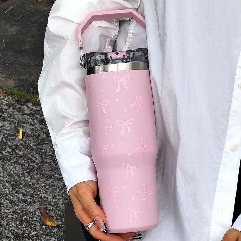 30oz Stainless Steel Insulated Cup with Bow Design, Double Layer Thermal Mug for Coffee Tea Outdoor Office Home Travel Gift, Vacuum Insulated Tumbler