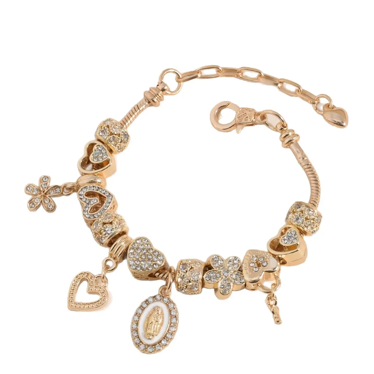 Women's Gold Plated Virgin Mary Charm Bracelet - Adjustable Snake Chain With Our Lady Of Guadalupe, Rhinestone Cross & Heart Pendants, Meaningful Christian Faith Jewelry For Religious Gift, Baptism & Daily Wear