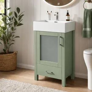 ARCH 20-Inch Green Bathroom Vanity Cabinet with Ceramic Sink, Solid Wood & MDF Floor Storage Cabinet, Soft-Close Door, Compact Single Sink Vanity for Small Bathroom, 20.28"W x 15.16"D x 34.84"H, Green Color Options, Solid Wood+MDF Material