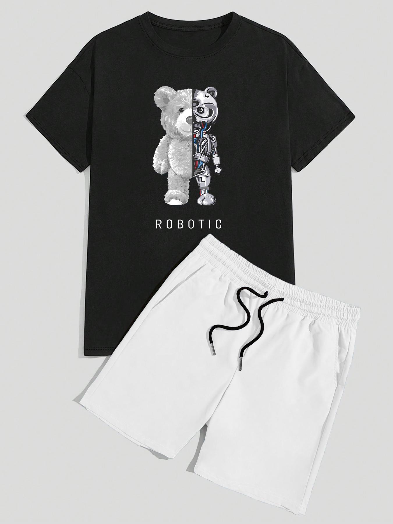 Two-piece Set Men's Bear Print Short Sleeve Tee & Shorts, Regular Fit Casual Round Neck T-shirt & Shorts, Men's Summer Clothes for Daily Wear, Loungewear, Shorts Pajama Set