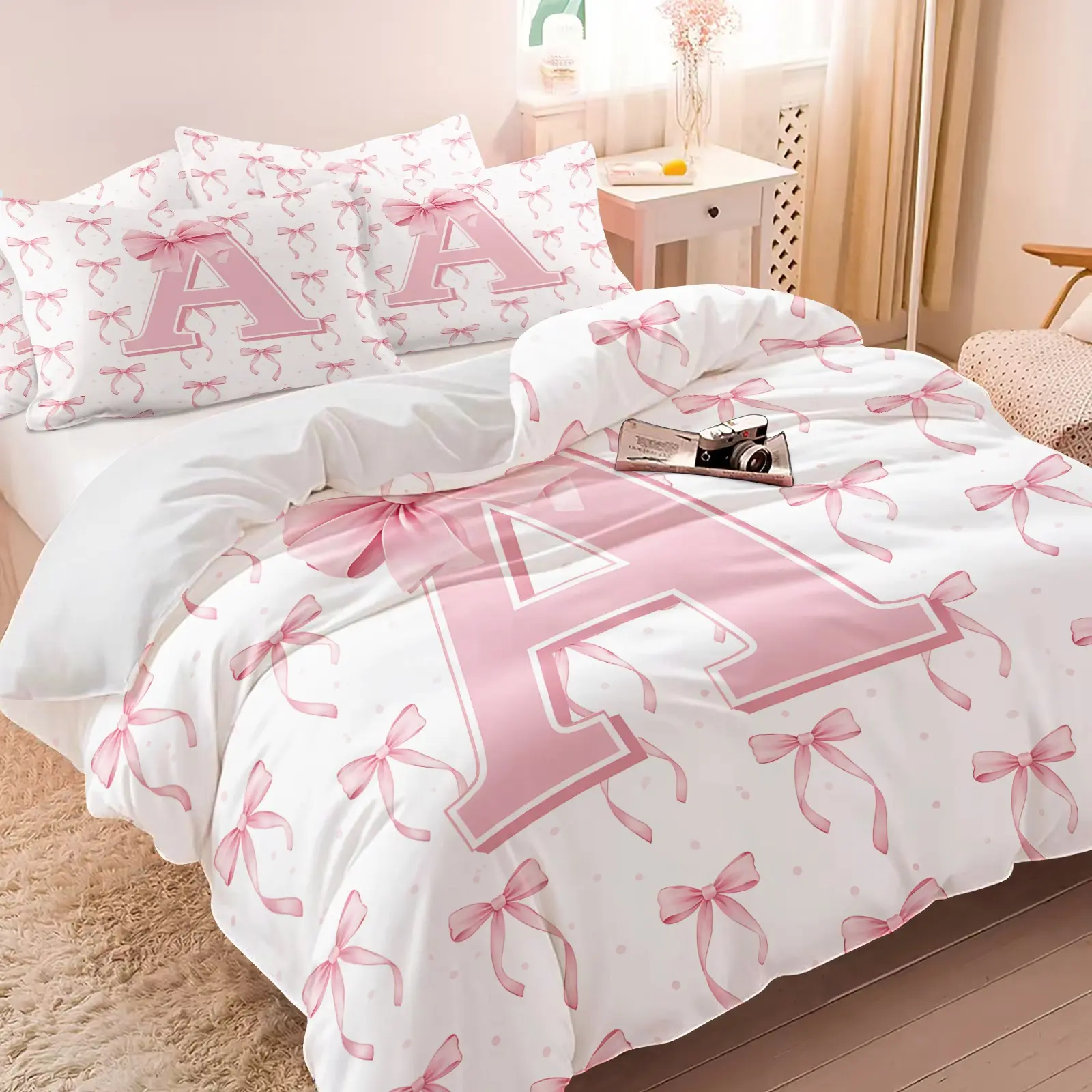 Custom Initial Letter A Pink Ribbon Bow White Background Bedding Set, 1 Duvet Cover + 1-2 Coreless Pillowcases, Breathable Cozy Durable Fabric, Simple Elegant Bow Design, Perfect Personalized Birthday Gift For Girls, Washable Bedding Supplies