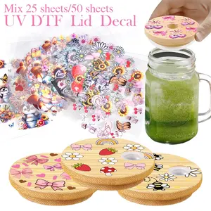 25 Sheets/ 50 Sheets UV DTF Lid Decal, Waterslide Decal Paper Mix Different Styles Round Decals, Decorative Crafts Suitable for Suitable for Round Cup Lids with A Diameter of 2.76inch