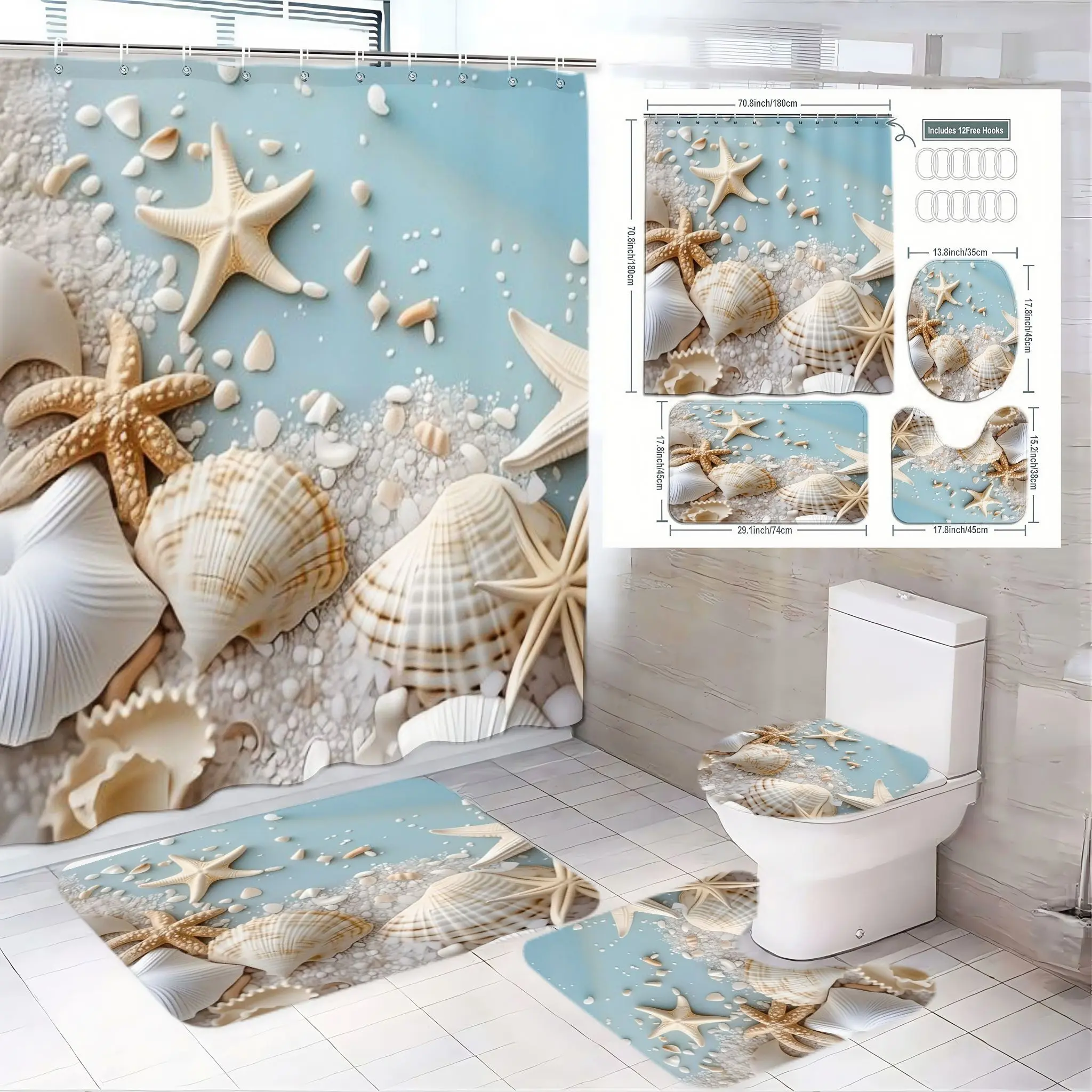 1/4pcs Serene Beach-Inspired Coastal Aesthetic Bathroom Decor Set - Shower Curtain Sets with Creamy Starfish and Natural Seashells Design, Matching Contour Toilet Lid Cover & Plush Bath Mats for a Tranquil Nautical Escape in Your Home