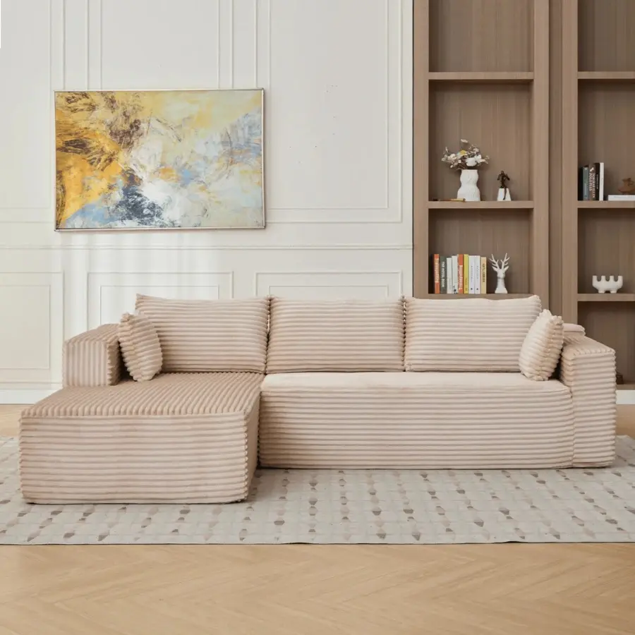 Compression Sectional Couch with Comfortable Chaise, Boneless L-Shaped Sofa with Deep Seat, Minimalist Modular Couches Sleeper for Living Room, Bedroom, Apartment, Lounge, Corduroy