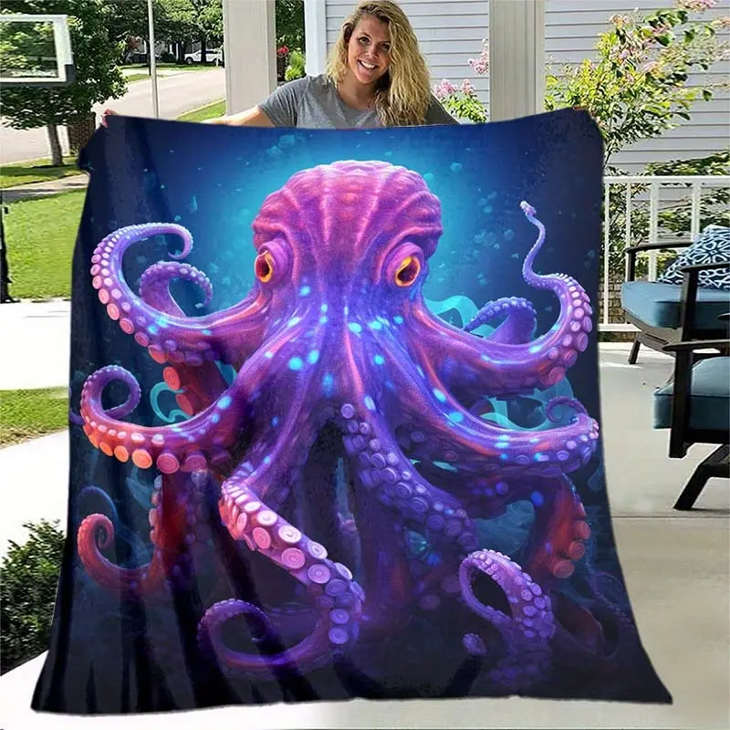 Purple Octopus Flannel Fabric Blanket - Lightweight Soft Ocean Animal Throw with Undersea Vibes, for Bed/Sofa, Octopus Lover Gift, Fantasy Home Decor